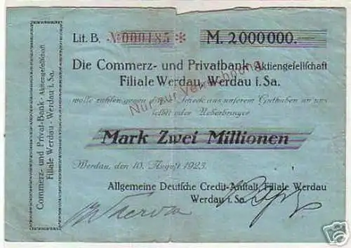 seltene Banknote Inflation 2 Millionen Mark 1923 Werdau