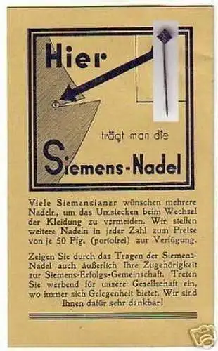 rares Abzeichen Siemensnadel mit Reklamekarte um 1940