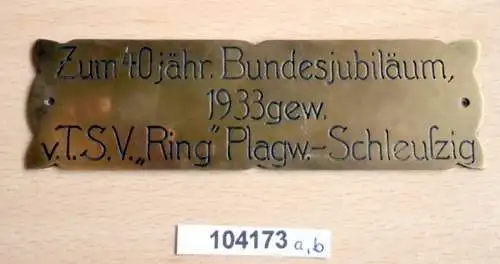 seltene Plakette 40jähr. Bundesjubiläum TSV "Ring" Plagwitz Schleussig 1933