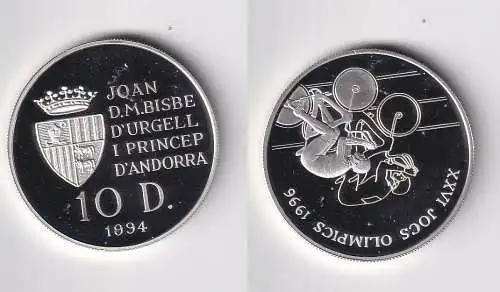 10 Diners Silber Münze Andorra Olympiade 1996 Atlanta Radfahrer 1994 (170778)