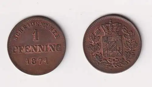 1 Pfennig Kupfer Münze Bayern 1871 vz (170315)