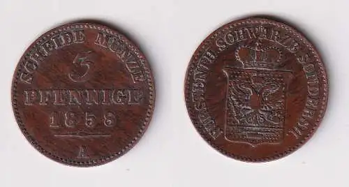 3 Pfennig Kupfer Münze Schwarzburg-Sondershausen 1858 A ss (170703)