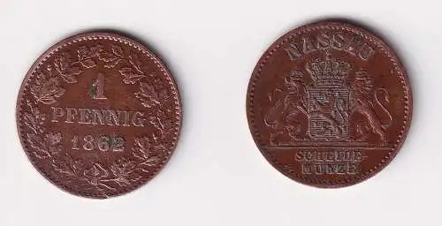 1 Pfennig Kupfer Münze Nassau 1862 ss (170249)
