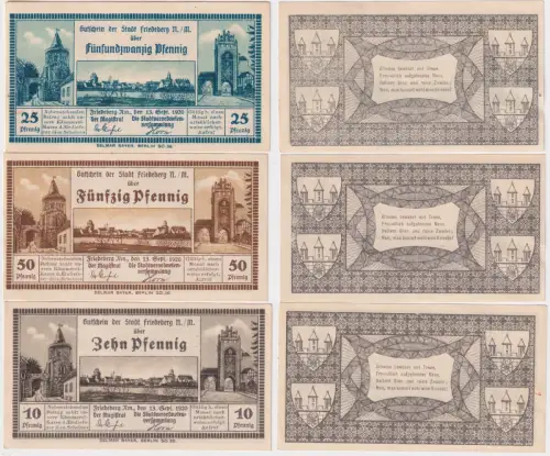 10,25,50 Pfennig Banknoten Notgeld Stadt Friedberg N./M. 1920 (153075)
