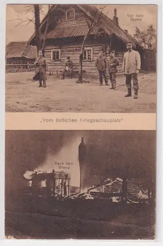 72869 Ak Vom östlichen Kriegsschauplatz. Bauernhaus vor und nach dem Brand 1917