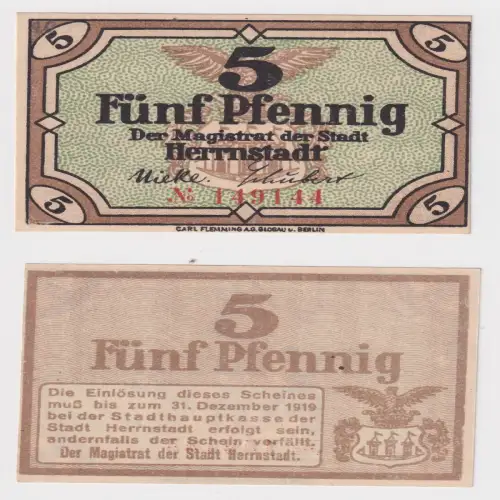 5 Pfennig Banknote Notgeld Stadt Herrnstadt Wasosz o.D. (170285)