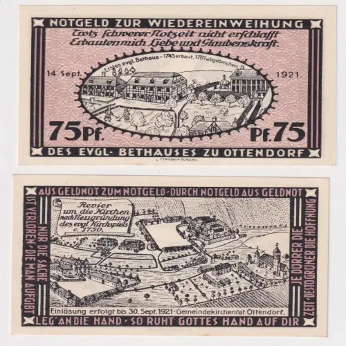 75 Pf Banknote Notgeld Ottendorf evangelischer Gemeindekirchenrat 1921 (170063)
