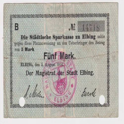 5 Mark Banknoten Inflation Städtische Sparkasse zu Elbing 1914 (170182)