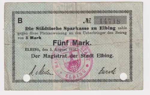 5 Mark Banknoten Inflation Städtische Sparkasse zu Elbing 1914 (170182)