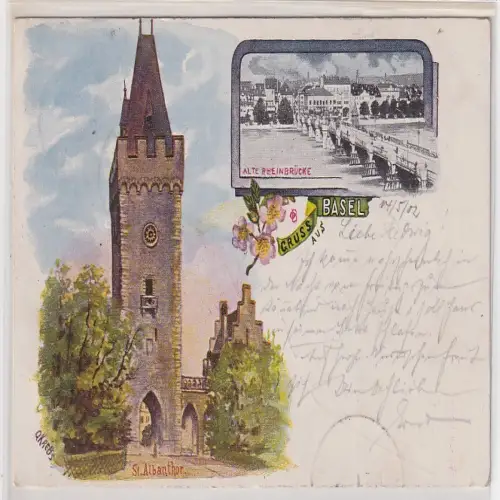 65834 Künstler Ak Gruss aus Basel - St. Albanthor, Alte Rheinbrücke 1902