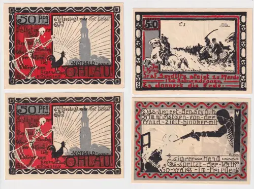 2 x 50 Pf. Banknoten Notgeld Stadt Ohlau in Schlesien um 1920 (170750)