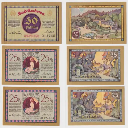 2 x 25 & 50 Pfennig Banknoten Notgeld Bad Kudowa in Schlesien 1921 (170143)