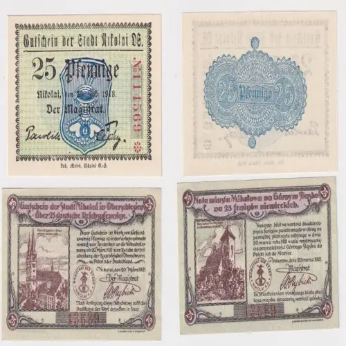2 x 25 Pfennig Banknoten Notgeld Stadt Nikolai O.S. 1918/1921 (170103)