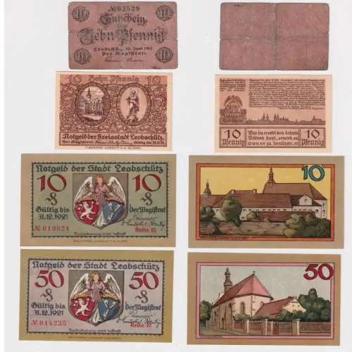 3 x 10 & 50 Pfennig Banknoten Notgeld Stadt Leobschütz um 1920 (170281)