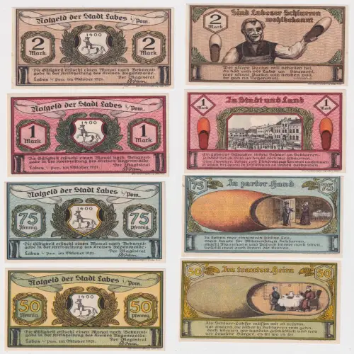 4x Banknoten Notgeld Stadt Labes in Pommern Oktober 1921 (170465)