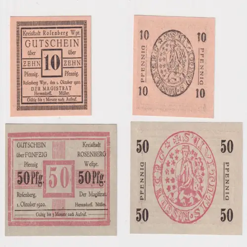 10 & 50 Pfennig Banknoten Notgeld Stadt Rosenberg Wpr. 1920 (170163)