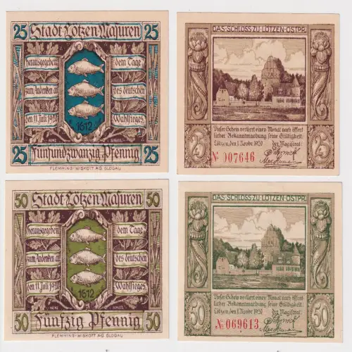 2 Banknoten Notgeld Stadt Lötzen Gizycko Masuren Ostpreussen 1920 (170066)