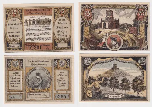 2 Banknoten Notgeld Stadthauptkasse Hohenfriedeberg um 1920 (170308)