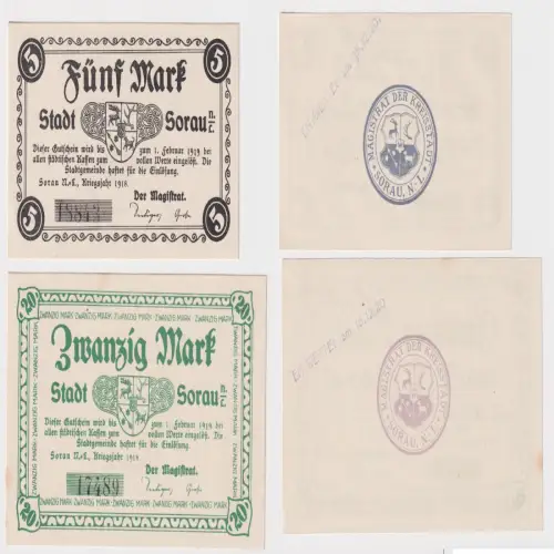5 und 20 Mark Banknoten Notgeld Stadt Sorau N.-L. 1918 (170174)