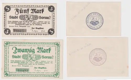 5 und 20 Mark Banknoten Notgeld Stadt Sorau N.-L. 1918 (170174)