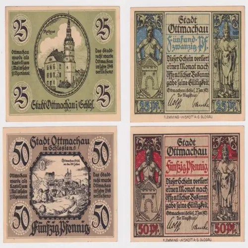 2 Banknoten Notgeld der Stadt Ottmachau Otmuchow in Schlesien 1921 (170375)