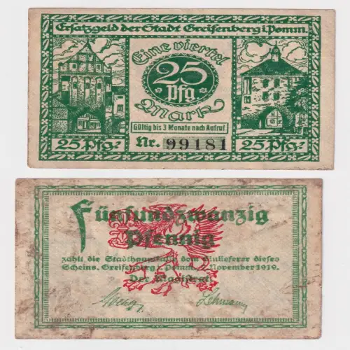 25 Pfennig Banknoten Notgeld Stadt Greifenberg 7.11.1919 (170243)