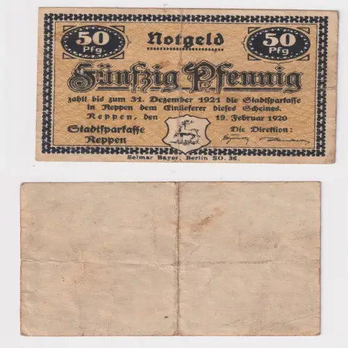 50 Pfennig Banknote Notgeld Stadtsparkasse Reppen 19.2.1920 (170108)