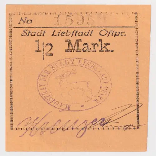 1/2 Mark Banknote Notgeld Stadt Liebstadt (Wilczkowo) Ostpreussen um 1918 170064