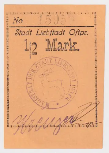 1/2 Mark Banknote Notgeld Stadt Liebstadt (Wilczkowo) Ostpreussen um 1918 170064