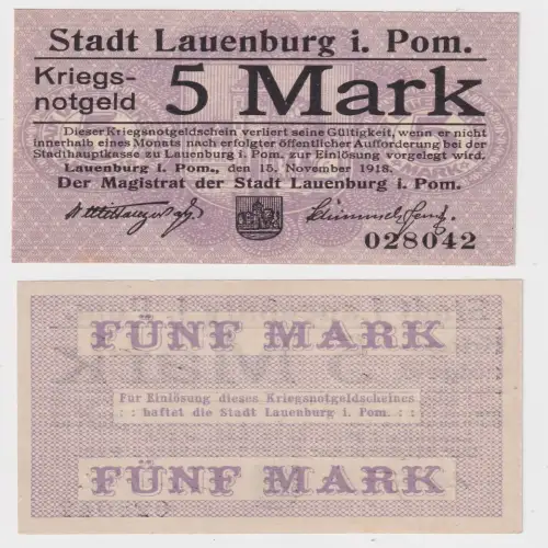 5 Mark Banknote Kriegsnotgeld Stadt Lauenburg in Pom. (170160)