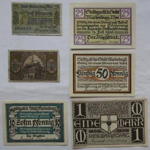 5 Pfennig bis 1 Mark Banknoten Notgeld Stadt Marienburg Malbork 1920 (113373)