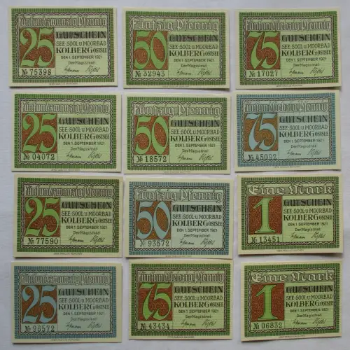 12 Banknoten Notgeld 25 - 100 Pfennig Stadt Kolberg 1.9.1921 (110467)