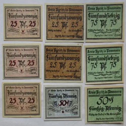 9x Banknoten Notgeld Kreis Pyritz in Pommern 1921 (111313)