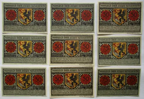 9 Banknoten Notgeld Stadt Neustettin 1921 (117917)