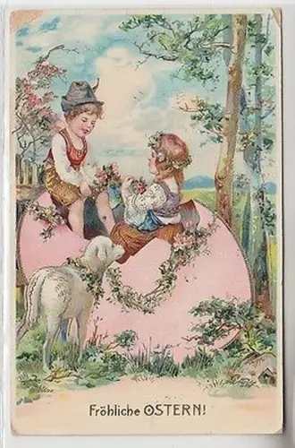 65804 Oster Ak 2 Kinder sitzen in Osterei mit Osterlamm davor 1912