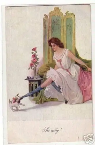 02713 Ak Erotik "Sei artig!" Mädchen mit Hund um 1920
