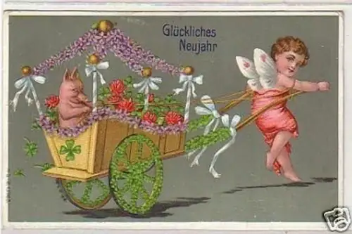 20744 Neujahr Ak Engel zieht Wagen mit Ferkel 1908