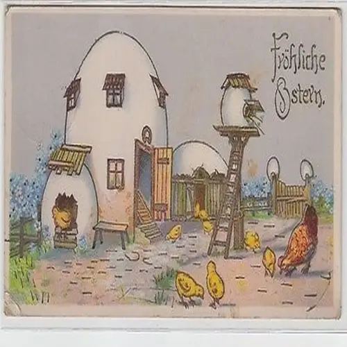 63635 Fröhliche Ostern Ak Hühnerhof aus Ostereiern 1940