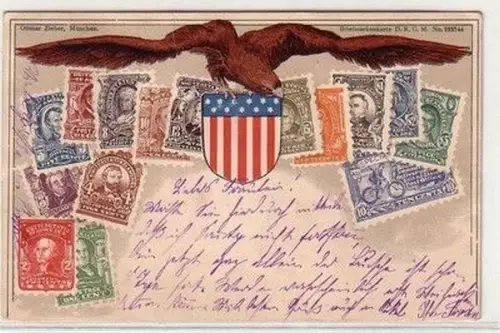 61218 Wappen Ak Lithographie die Briefmarken der USA 1904