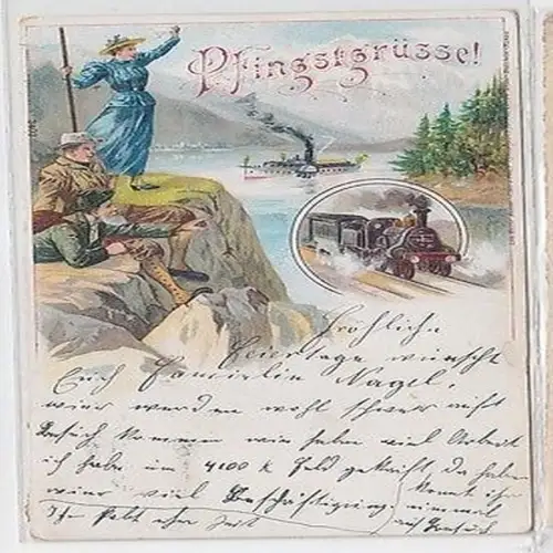 13562 Pfingst Ak Lithographie Eisenbahn und Raddampfer 1912