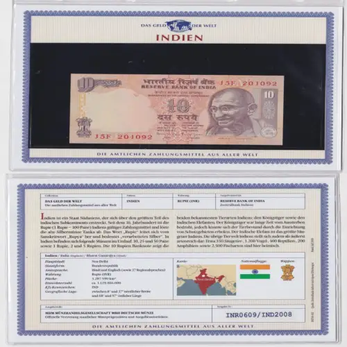 10 Rupien Banknote Indien Bank of India Mahatma Gandhi kassenfrisch UNC (150458)