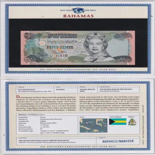 50 Cents Banknote Bahamas 1/2 Dollar 2000 kassenfrisch UNC (170185)