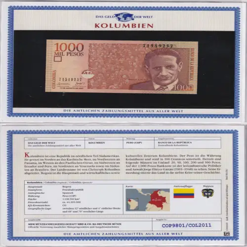 1000 Pesos Banknote Kolumbien 2007 kassenfrisch UNC (170032)