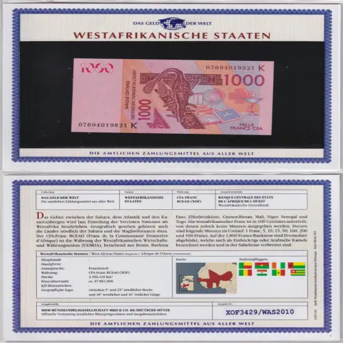 1000 Francs CFA Banknote Westafrikanische Staaten kassenfrisch UNC (170767)