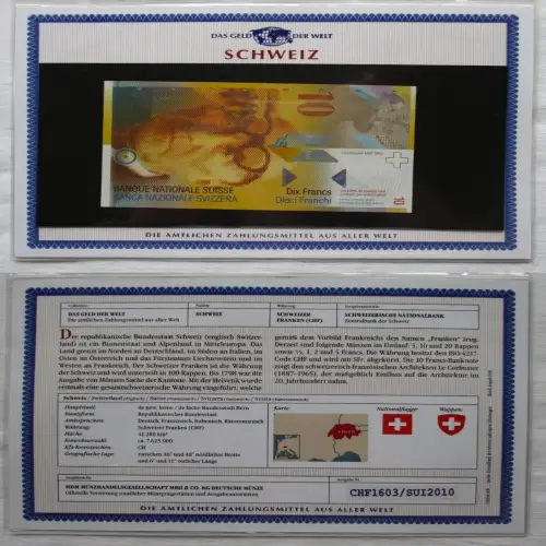 10 Franken Banknote Schweiz kassenfrisch UNC (170282)