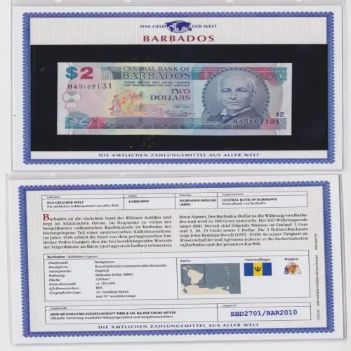 2 Dollar Banknote Barbados 2007 kassenfrisch UNC (170164)