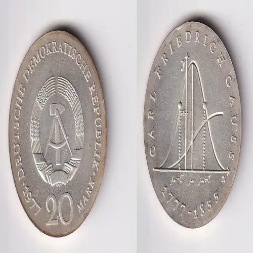 DDR Gedenk Münze 20 Mark Carl Friedrich Gauss 1977 Silber fast Stgl. (170165)