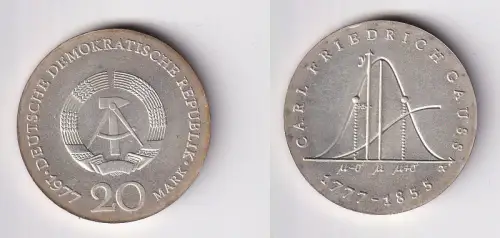 DDR Gedenk Münze 20 Mark Carl Friedrich Gauss 1977 Silber fast Stgl. (170165)