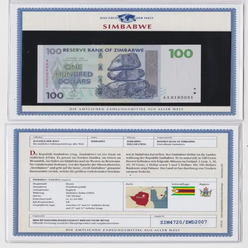 100 Dollar Banknote Simbabwe Zimbabwe kassenfrisch UNC (170490)