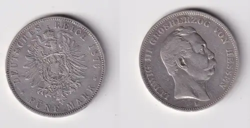 5 Mark Silber Münze Hessen Großherzog Ludwig III 1876 f.ss (170754)